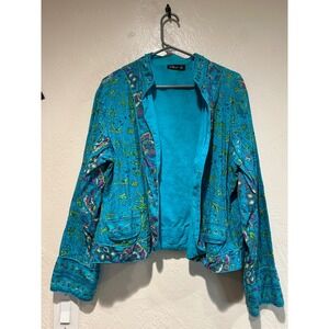 Phool Turquoise Floral Beaded Jacket 1X Women's Embroidered Blazer